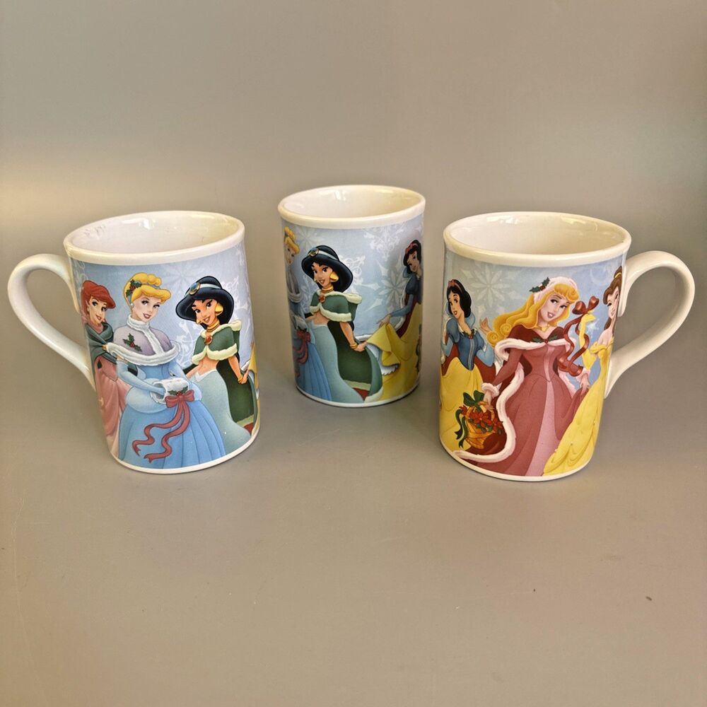 Disney Mugs Lot Of 3 Disney Princesses 2009 Blue Background 4" tall